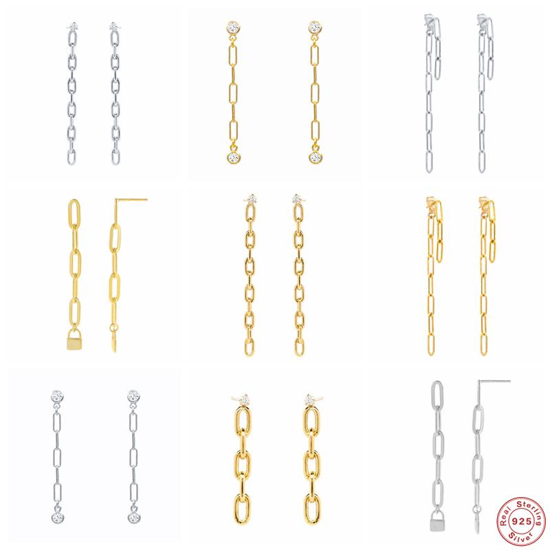 

Dangle & Chandelier GS 925 Sterling Silver Gold Long Oval Locker Link Chain Earrings For Women Cubic Zirconia Drop Earring Punk Jewelry
