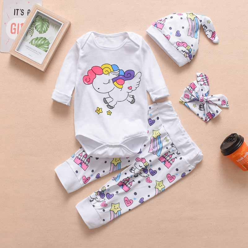 

4pcs/set Baby Cartoon Rompers Set Kids Rainbow Unicorn Dinosaur Letter Printed Designer Clothes Include Romper Pants Hat Headbands, White