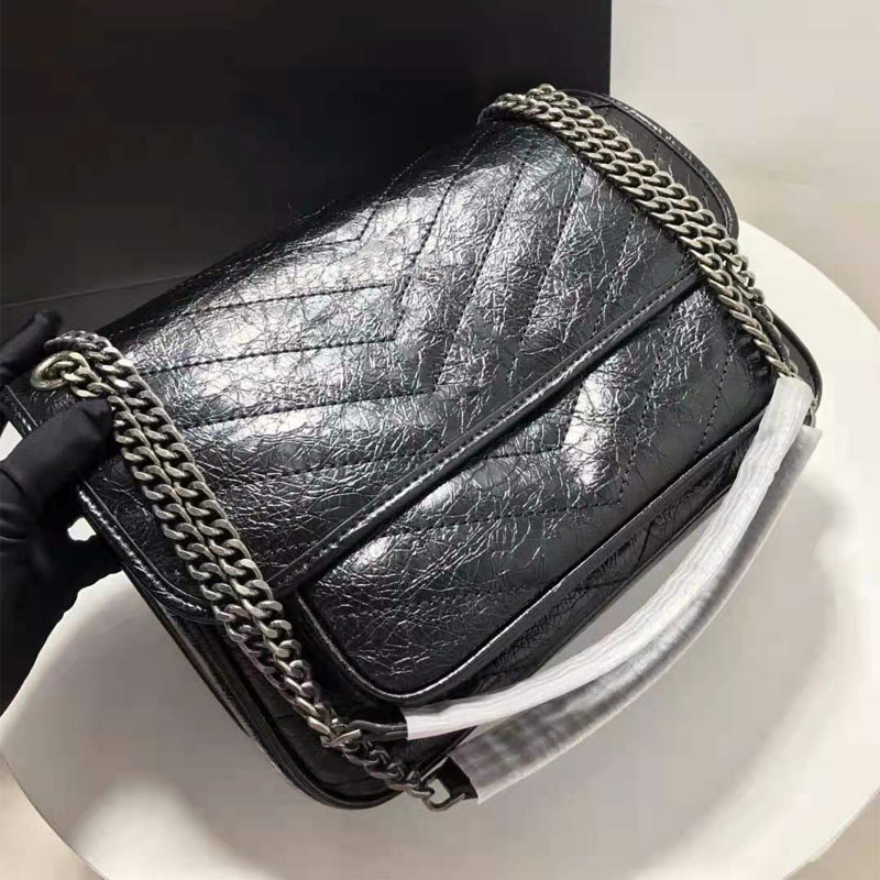 

Lady Shoulder messenger Oil Wax Crinkled Cowhide Bag Designer Baguette Bags Sequins Canvas Single Interior Slot Pocket Chain Flap Pocket Vintage Handbags MM Black, 21cm-elephant grey