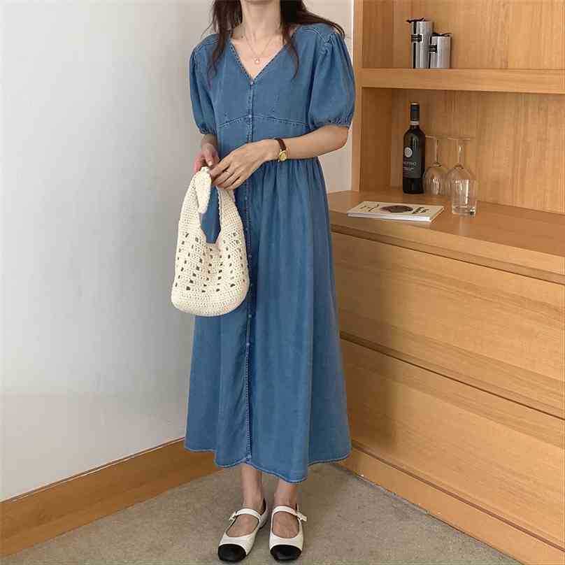 

Retro French Elegance Minimalist Comfortable High Waist Deep V-neck Stylish Bubble Sleeve Denim Dress Vestidos 210525, Light blue
