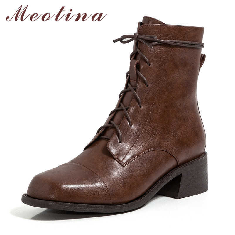 

Meotina Short Boots Women Shoes Real Leather Block Heels Ladies Boots Round Toe Lace Up Zip Mid Heel Ankle Boots Autumn Winter 210608, Black synthetic lin