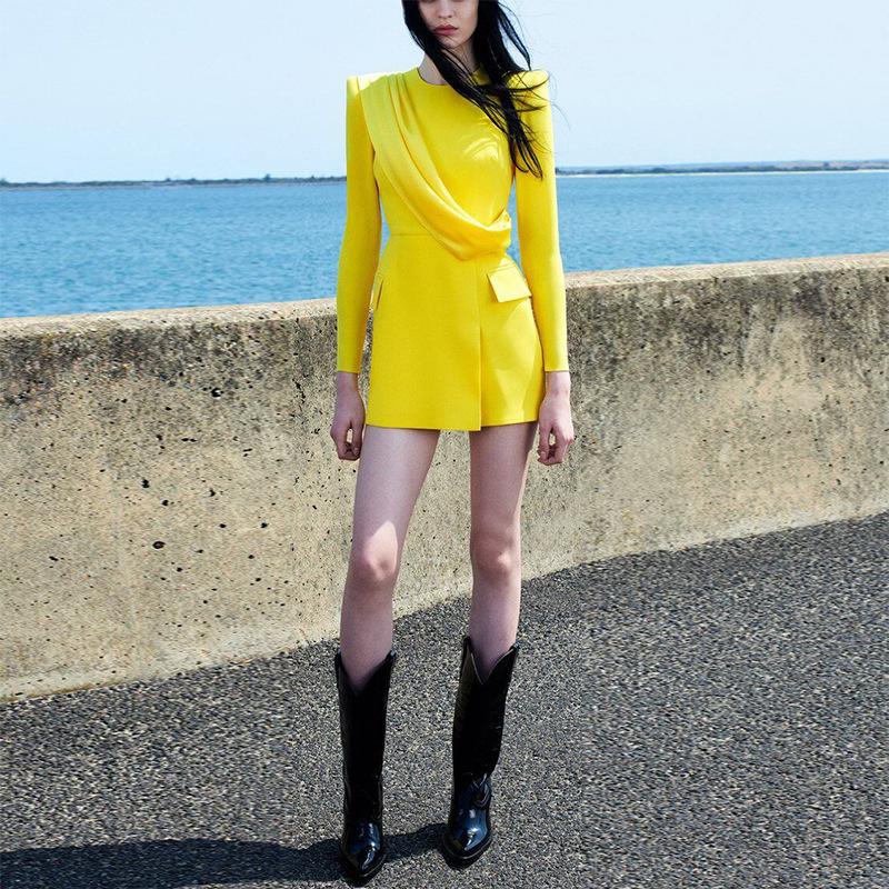 

Casual Dresses High Quality 2021 Round Neck Yellow Long Sleeve Dress