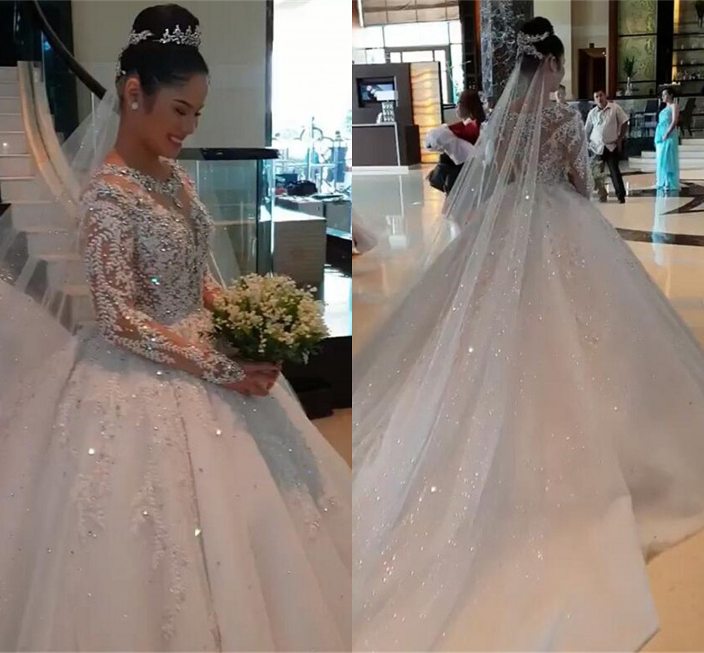 

Luxurious Beadings Appliques Ball Gown Wedding Dresses 2022 Sexy Sheer Long Sleeves Beads Ruched Long Train Bridal Gowns BC0895, White