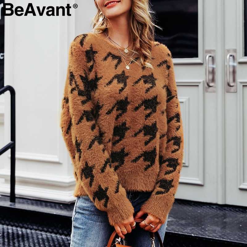 

BeAvant Houndstooth knitted mohair sweater women Casual soft female winter pullovers jumper O-neck autumn ladies sweaters 210709, Khaki