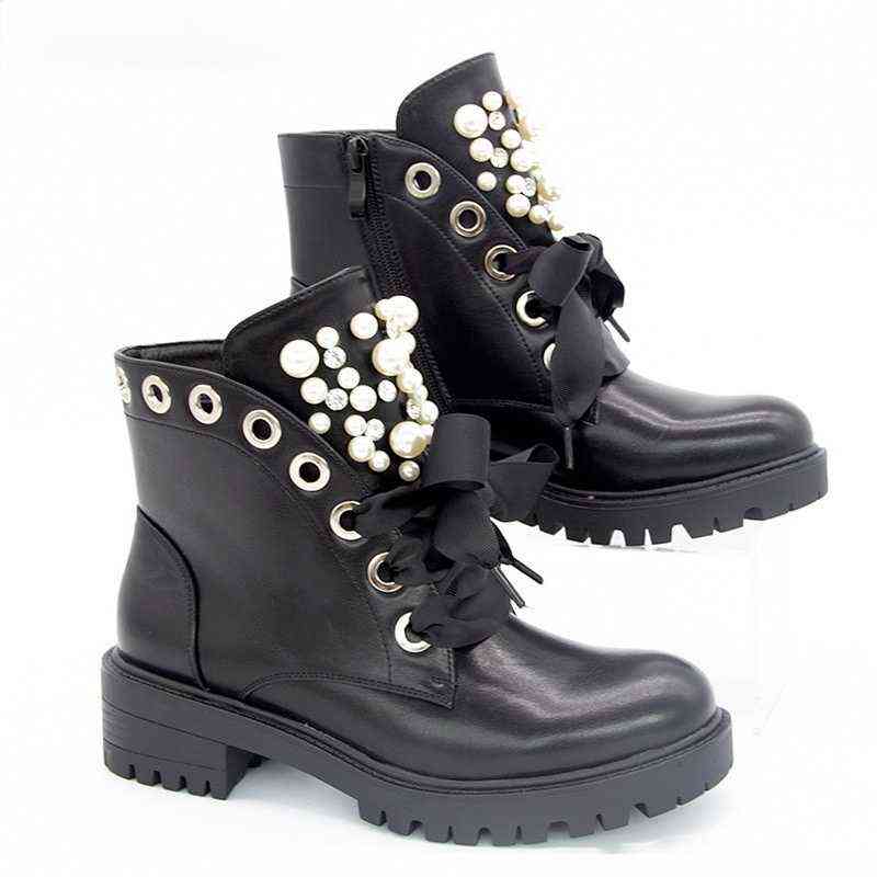 

Women Short Boots 2021 Ladies Leather Ankle Boots Autumn Platform Motorcycle Shoes for Woman's Punk Winter Pearl Rivet Shoes Y1126, Black