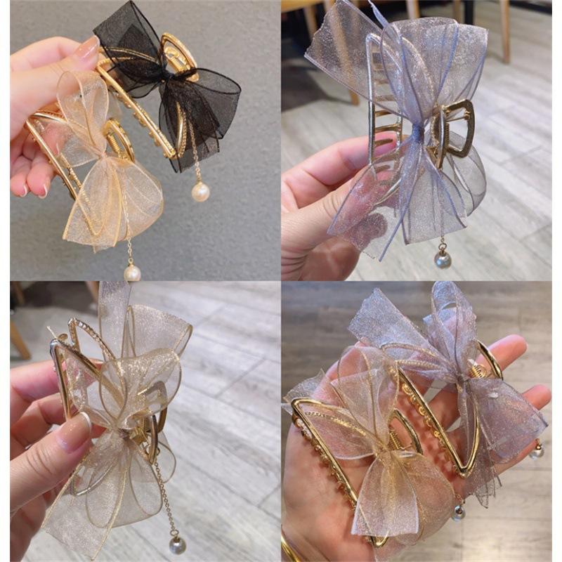 

Hair Accessories 2021 Fashion Women Girls Lace Bow Pearl Metal Claw Clips Vintage Sweet Barrettes Ribbon Hairpins