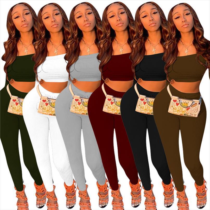 

autumn winter knit rib clothes womenpant 2 piece set off shoulder long sleeve crop casual solid two sets, White