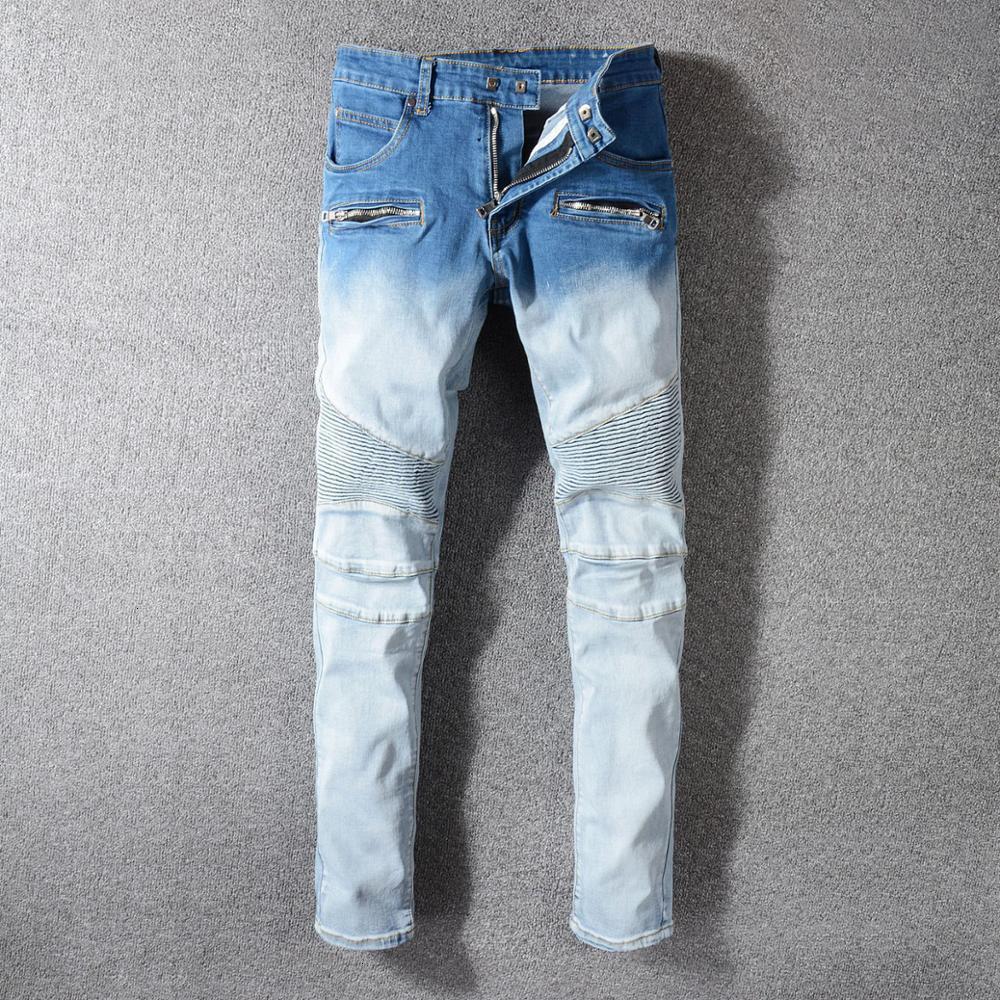 

New Men's Male Fashion Light Blue Streetwear Black Slim-fit Jeans Biker Denim Pants Trousers 02H2