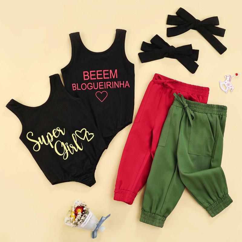 

Clothing Sets 0-5Y Summer Fashion Toddler Baby Girls Clothes Letter Sleeveless Bodysuit Tops Trousers Headband 3pcs Kid Outfit, White