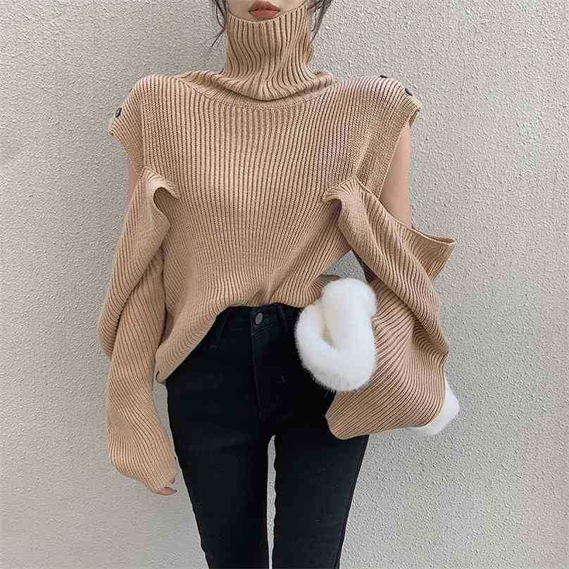 

Korean Feminine Turtleneck Sexy Brief Loose Soft Sweet Retro Women Free Sweater Solid Warm Knitted Casual Tops 210525, Photo color