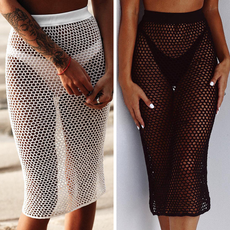 

Beach Dresses Robe Plage Bathing Suit Cover Ups Exit Of Bathroom Women Summer Tunic Coverup Knitted Hollow Nets Skirt Female Y0310, White;black