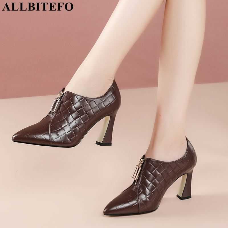 

ALLBITEFO metal zip genuine leather brand high heels office ladies shoes women high heel shoes autumn thin heels women heels 210611, As picture