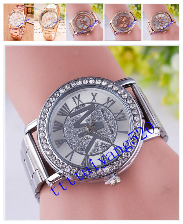 

025 michaelmkkors Fashion designer Diamond Watches women Girl Big letters women Clock Wristwatch steel band watch Quartz watch men, Black;brown