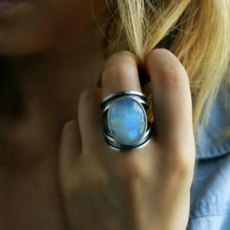

Wedding Rings Bohemia Style Big Moon Stone Thai Silver Ring For Women Exaggerated Vintage Epoxy Transparent Retro Jewelry 2021 Design