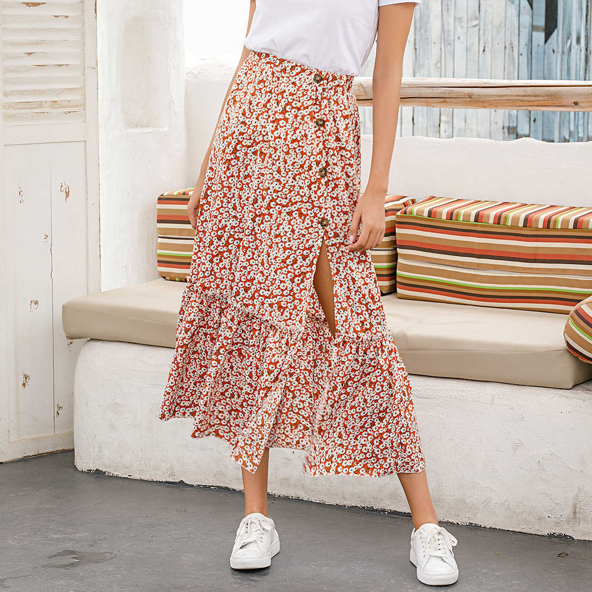 

Fashion Floral Printed Women Skirt Elastic High Waist Split Out Ruffles Midi Skirt W9202 210526, Red