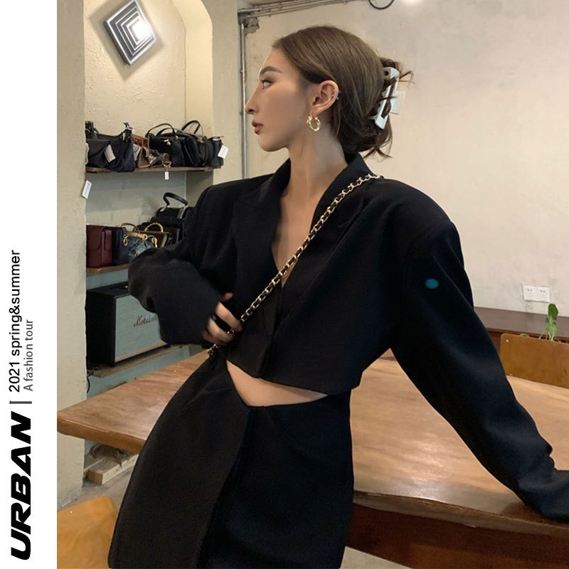 

Silhouette suit women' 2021 spring and autumn new open navel sexy Spice Girl split dress skirt, Black