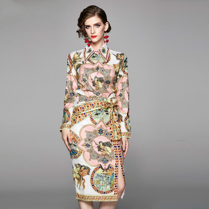 

Two Piece Dress Autumn Fashion Vintage Twinest Suits Women' Elegant Printed Long Sleeve Blouse Shirt + Sashes Split Midi Skirt Pieces Set, Picture color