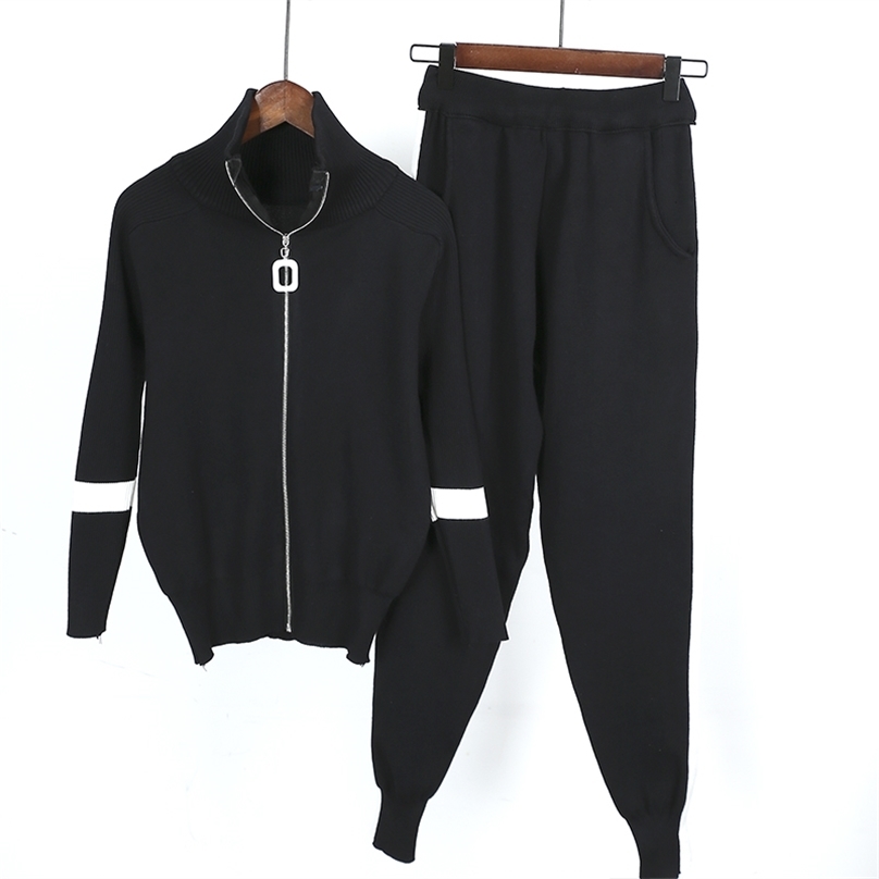 

Women Two Piece Set Autumn Zipper Jacket Coats Top + Pant Knitted Suits Sweaters Trousers Sportsuit Woman Tracksuits 210525