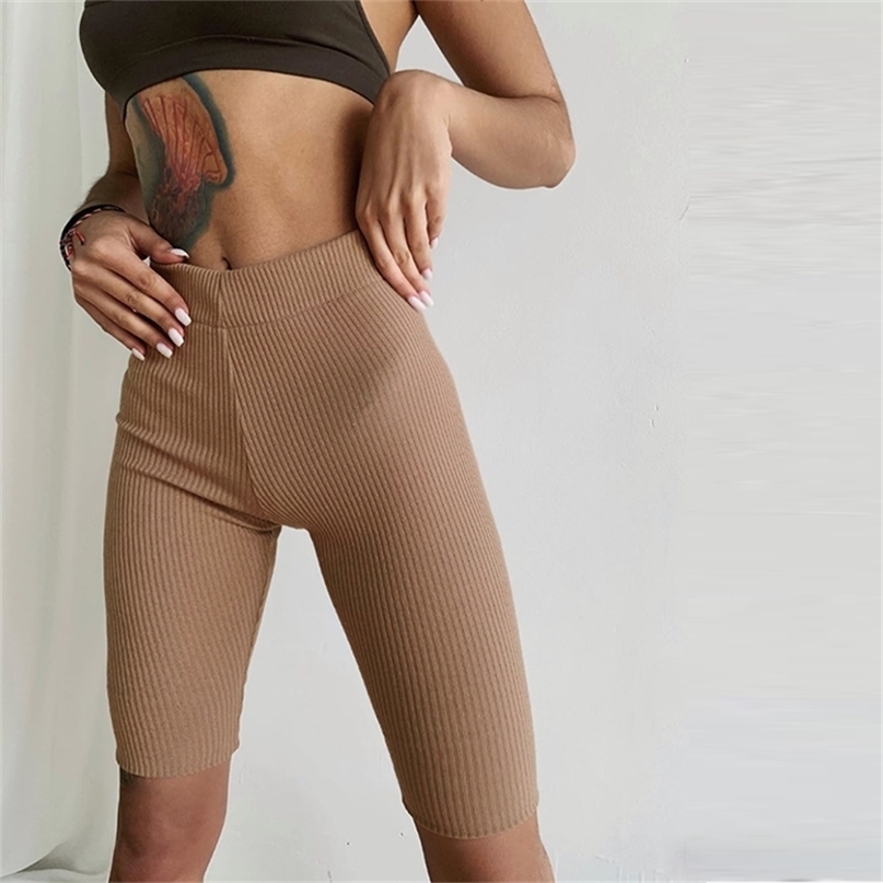 

WOTWOY Summer Skinny Knitted Shorts Women Casual Solid Elastic High Waist Female Slim Fit Knee Length Cotton Lady 210722, D20362-white