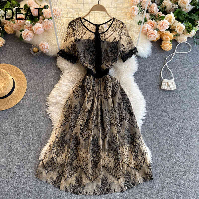 

Summer Arrivals Round Collar Short Sleeve High Waist Mesh Lace Perspective Slim Mid Long Dress MZ483 210525, Black