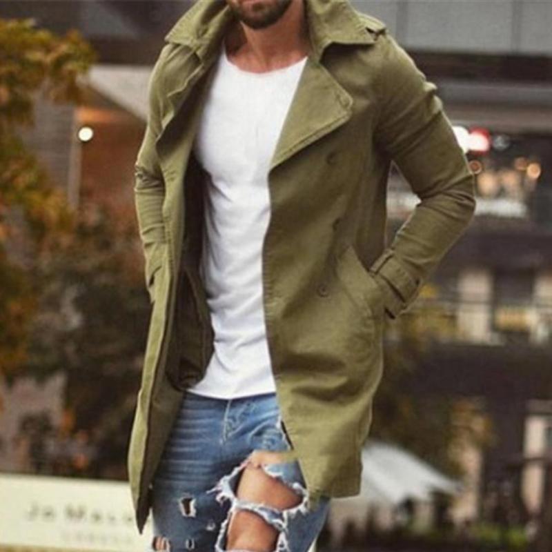 

Men's Jackets Trench Coat Great Solid Color Buttons Male Sleeve Belt Turn-down Collar For Daily Wear, Army green