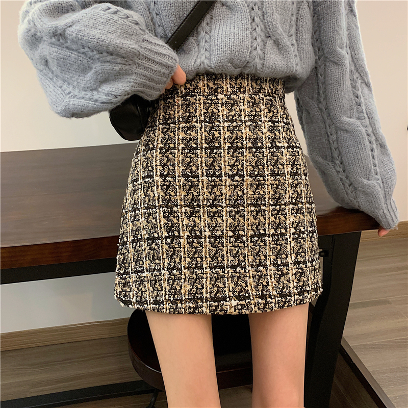 

2021 New Autumn Winter Elegant Tweed Plaid Mini Skirt Designer Vintage High Waist Women Short Girls Students A-line Skirts Female 7bqe, Black