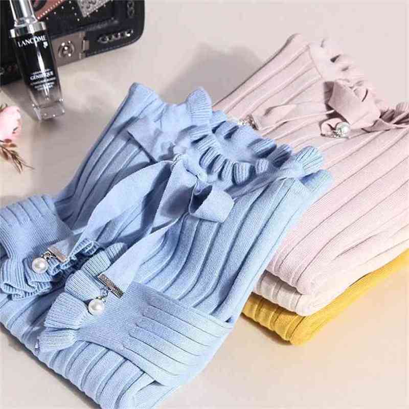 

Autumn Winter Sweater Women Slim Elegant Office Wear Lotus Leaf Long Sleeved Pullover Knitted Woman Solid Bow Pearl Sweaters 210525, Yellow