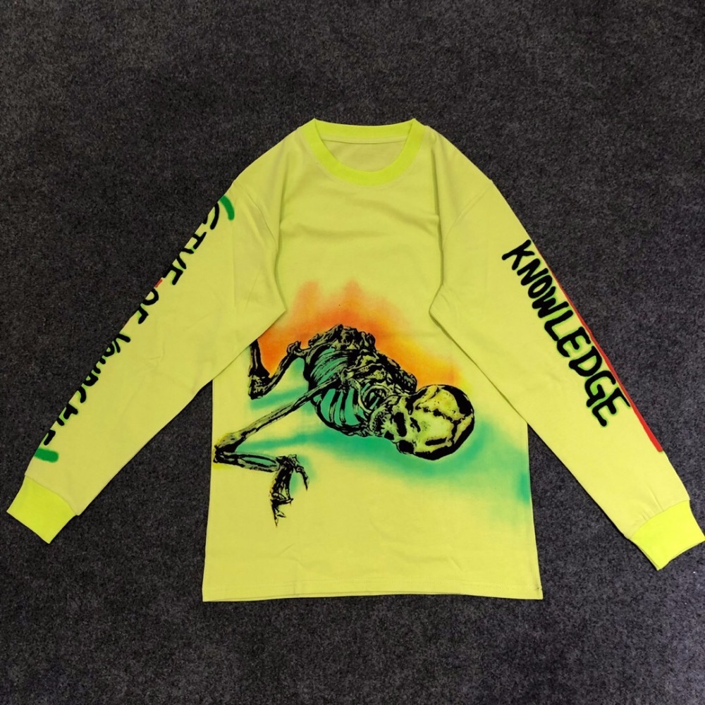 

New 2021 Best Quality Kanye West Merch Line Printed Bird Skull Long Sleeve Orescent Green t Shirt Hiphop Men Cotton 4 Color 67v1 D6BV, White;black
