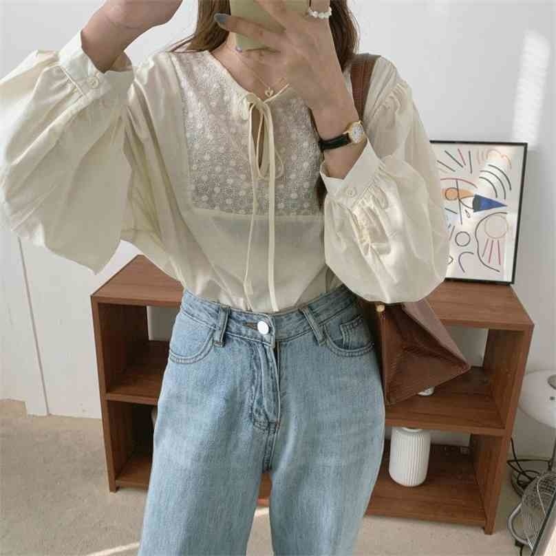 

Vintage Loose Fashion All Match Streetwear Shirts Lace Up Female Tops Retro Chic Office Lady Blouses 210525, Apricot