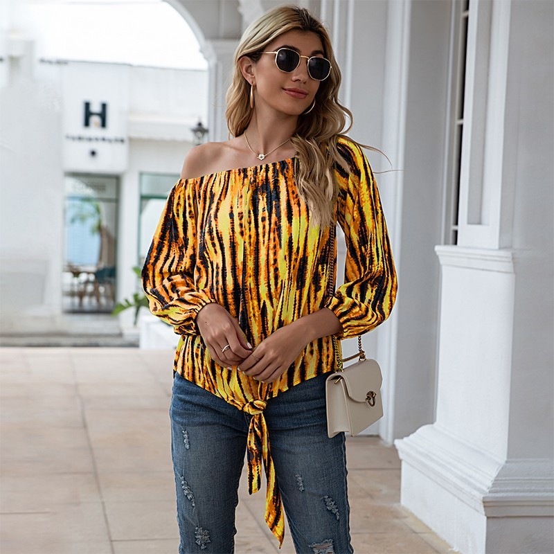 

2021 New Tie Dye Print Off Shoulder Top Women Fashion Slash Neck Lantern Long Sleeve Oversized Ladies Shirts Tops and Bloues Femme F4sc, Lake green