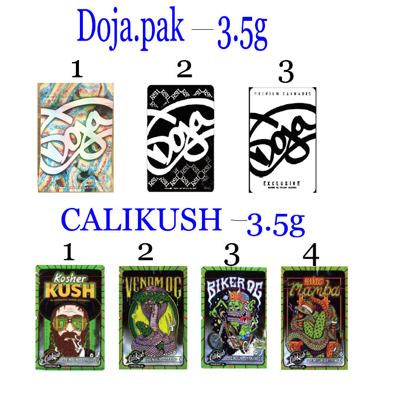 

3.5g EIGHTH PACKAGE SMELL PROOF MYLAR BAG DOJA.PAK calikush KOSHER KUSH VENOM OG BIKER KING MAMBA