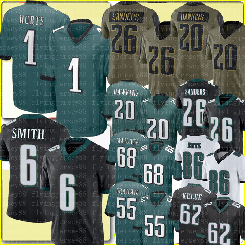 

1 Jalen Hurts 6 DeVonta Smith Jersey 26 Miles Sanders 20 Brian Dawkins Football Jerseys Mailata Brandon Graham Zach Ertz Jason Kelce Fletche, Black;red