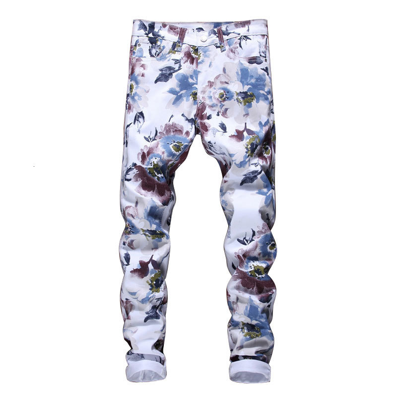 

2021 New Spring Korean Fashion Personality Trend 3d Printing Jeans Casual Stretch Men's Male Denim Pants Trousers 2la0, Beige