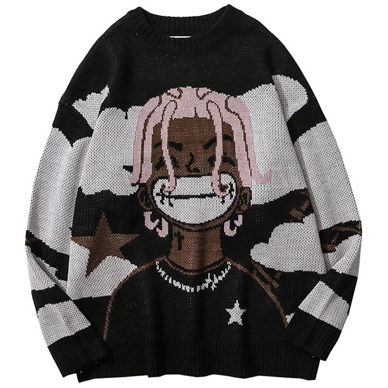 

Men's Hoodies & Sweatshirts Men Rock Hip Hop Rap Pullover Women Jumper Ugly Sweater Harajuku Vintage Cartoon Anime Knitted Winter Oversized, Black