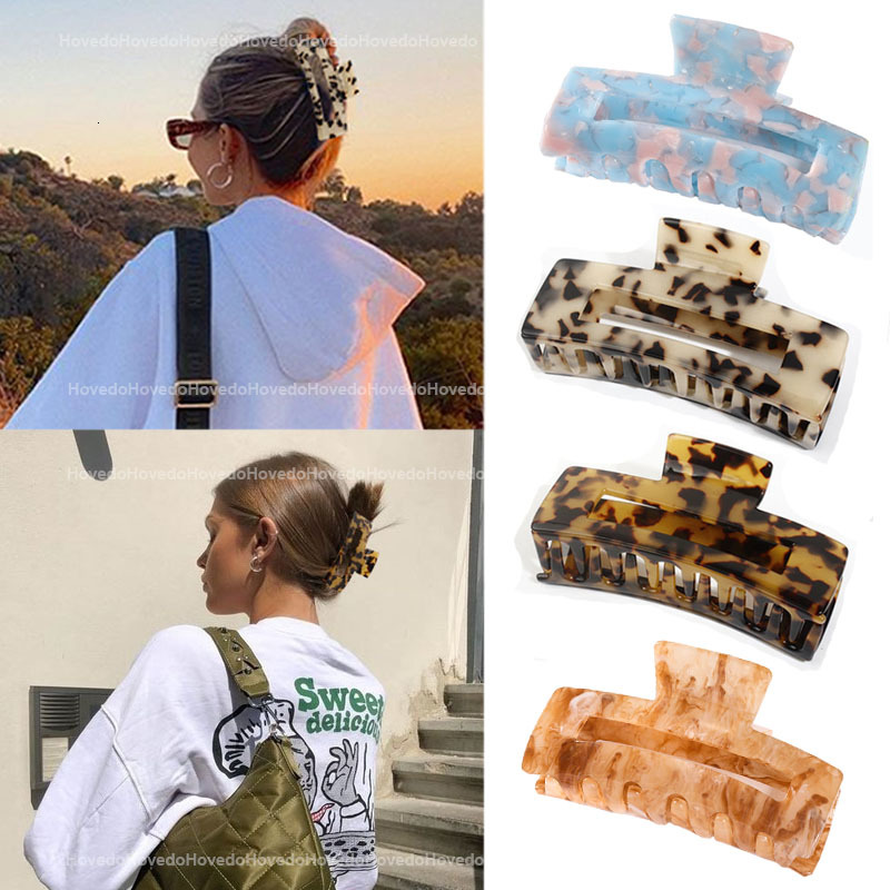 

High Quality Geometric Acetate Claws Big Square Crabs Clip Leopard Grain Plugs for Women Hair Accessories, Slivery;white