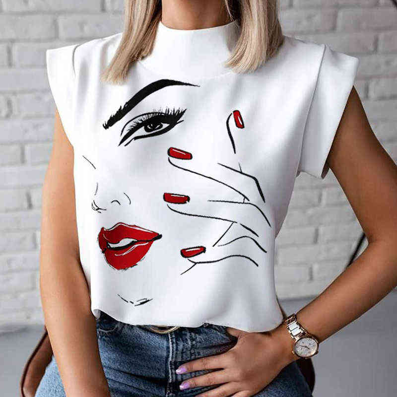 

Fashion Women Elegant Lips Print Tops and Blouse Shirts 2021 Summer Ladies Office Casual Stand Neck Pullovers Eye Blusa Tops H1230