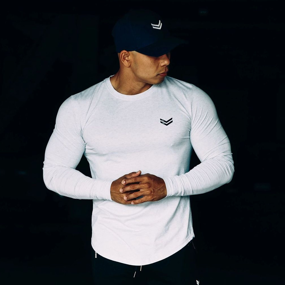 

2021 New Casual Long Sleeve Cotton T-shirt Mens Gyms Fitness Bodybuilding Workout Slim t Shirt Male Autumn Tee Tops Sporty Brand Clothing 8j, White