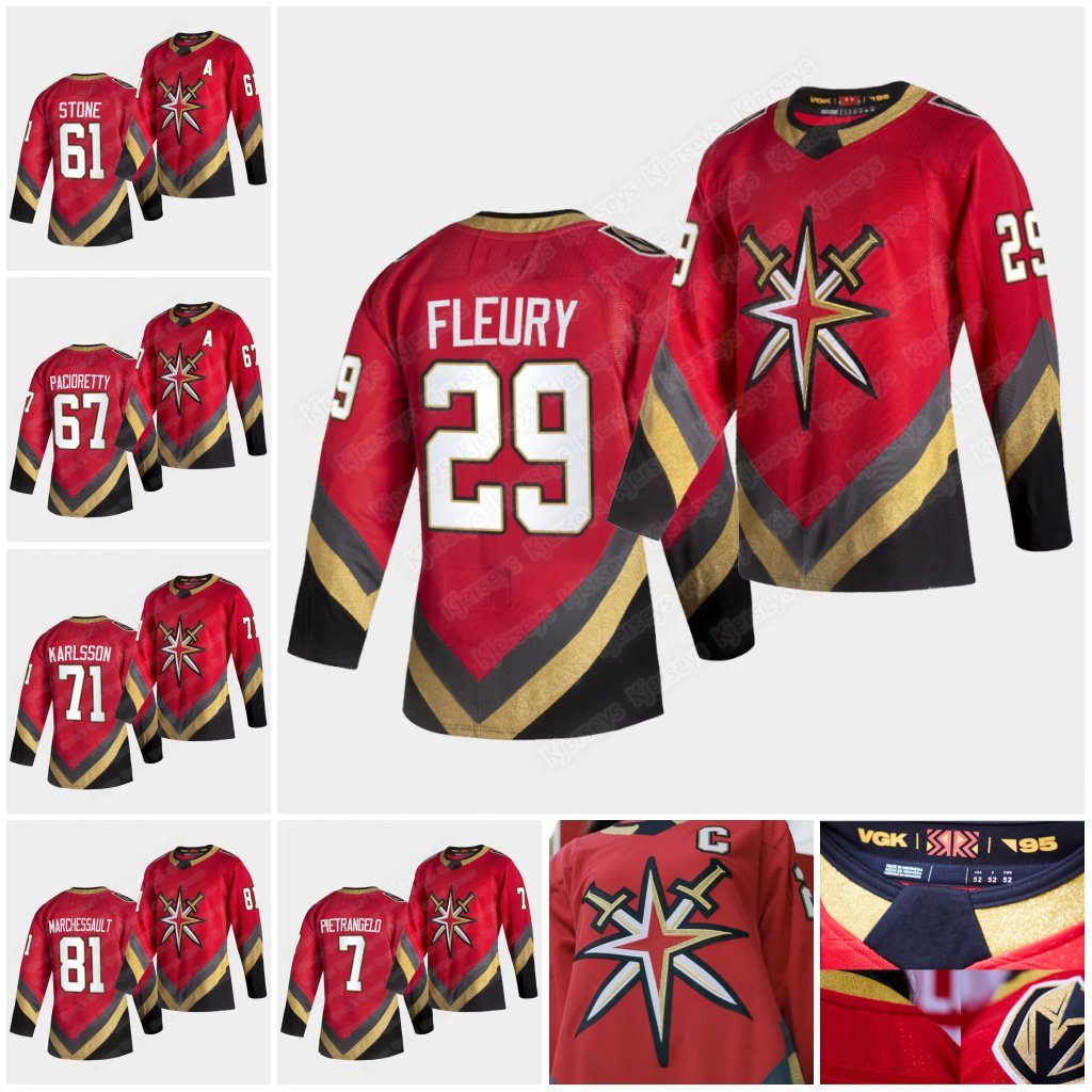 

61 Mark Stone Vegas Golden Knights 2021 reverse retro jersey Andre Fleury 71 Carlson 2 Zach 88 Schmidt 67 Pacioretty 56 Hauka 18 Neal 4 Ston, Black;red