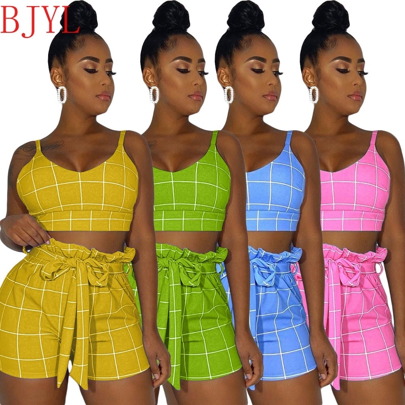 

2021 New Two Women Sets Lattice Print Sexy Crop Top Biker Shorts 2 Pieces Set Summer Fashion Streetwear Outfit Tracksuit R7yx, Green