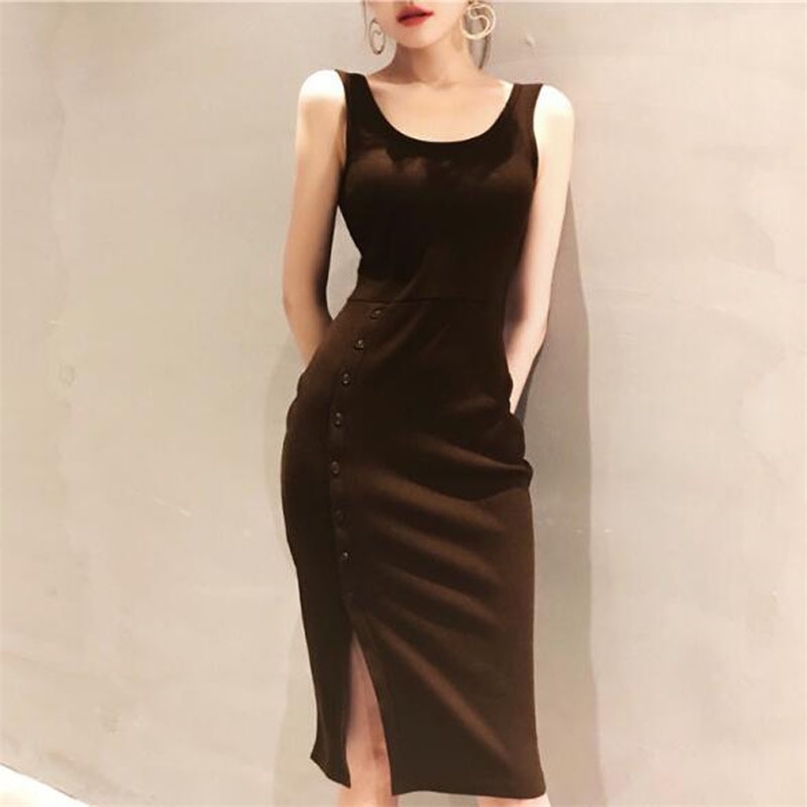 

Sexy Women Basic Dress Summer Knitted Bodycon Fashion O Neck Sleeveless Buttons Stretchy Party Club 210603, Coffee