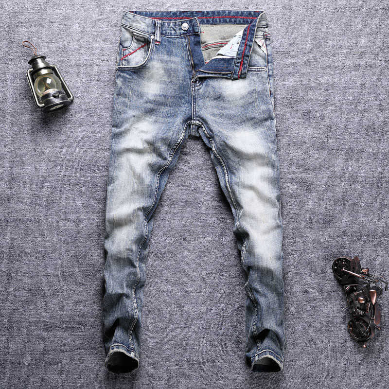 

Italian Style Fashion Men Jeans High Quality Elastic Slim Fit Ripped Embroidery Designer Vintage Casual Denim Pants 1ZJS, Retro blue