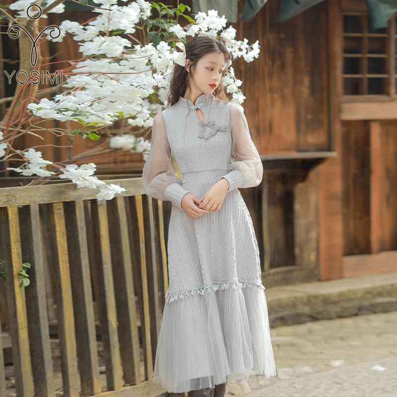 

YOSIMI Summer Women Dress Elegant Gray Full Sleeve Midi Improved Cheongsam Jacquard and Mesh Mid-Calf Female Vestido 210604