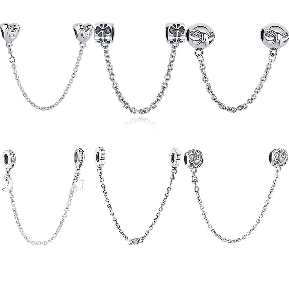 

ELESHE Authentic 925 Sterling Silver Daisy Bow Heart Safety Chain Charm Bead Fit Original Charm Bracelet Jewelry Making Q0531