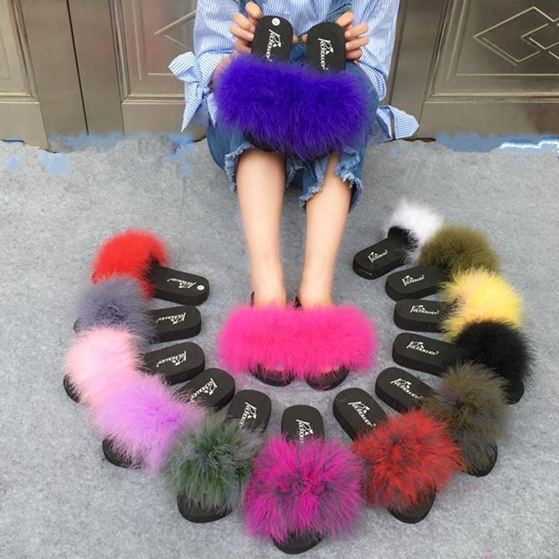 

Fur Slides Women Ostrich Home Slippers With Feathers Female Sweet Sandals Beach Shoes Summer Pantufa Fashion Sliders Flip Flops, Wine red