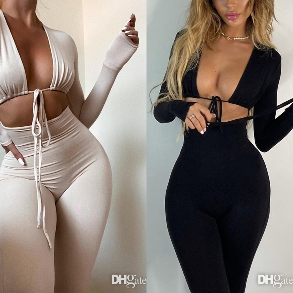 

Autumn New Solid Color Tight Jumpsuits Elegant Sexy Lace Up Hollow Out Long Sleeve Bodysuits For Women, White