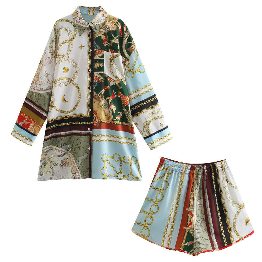 

Women Two Piece Set Long Printed Loose shirt blouse & High-waist Bermuda shorts elastic waistband Cozy Women outfits 210709