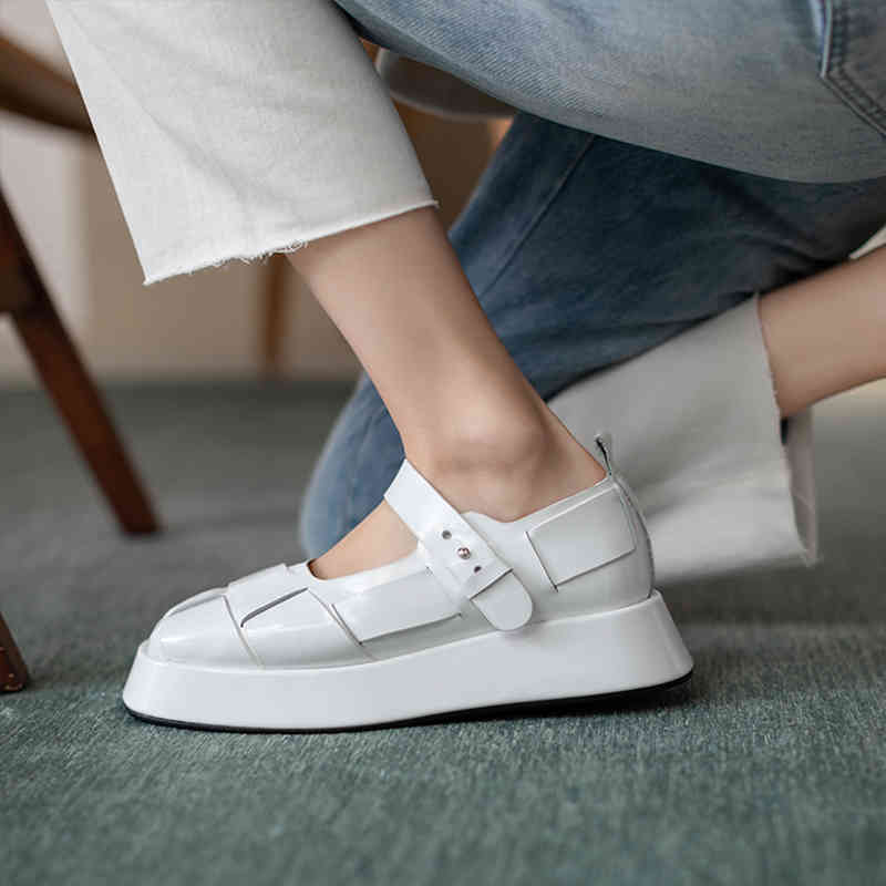 

Sandals genuine leather women's shoes buckle strap platform toe round heel thick spring/autumn apartment size 34-40 craftsmanship PH5K, 1# shoe box