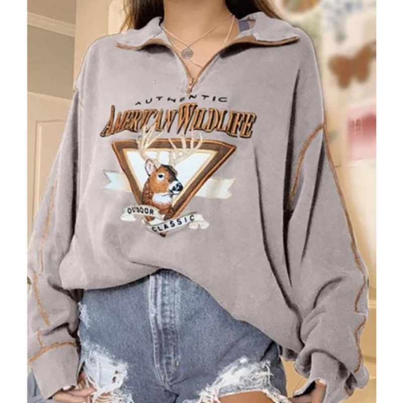 

2021 Animal Deer Letter Print Vintage Sweatshirt Women Polo Collar Casual Oversized Warm Fleece Winter Pullovers Autumn New Girls Igc7, Style1