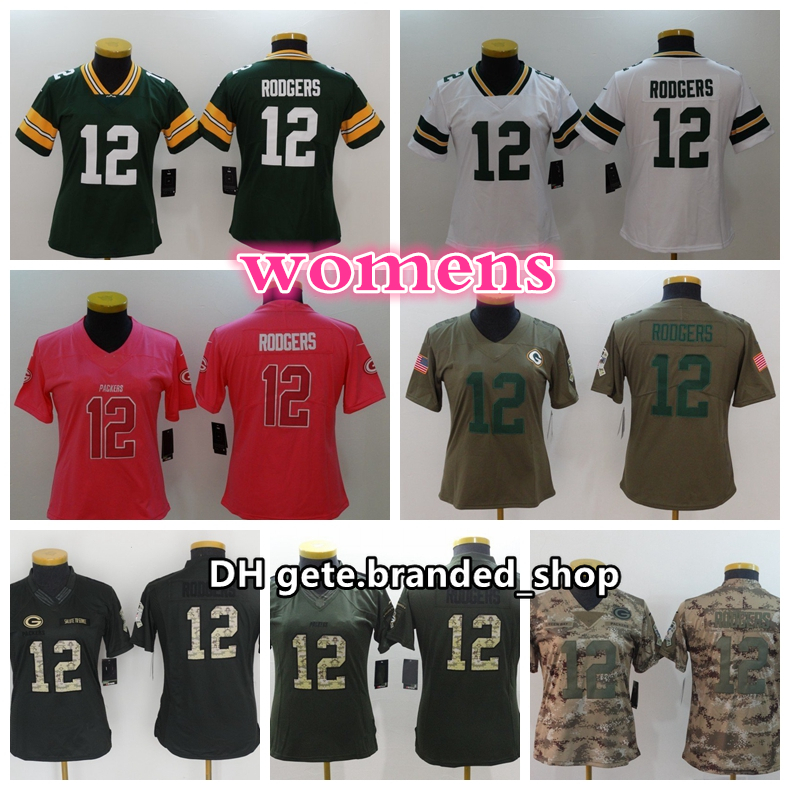 

Womens Green Bay Packers Ladies Camo Salute to Service 12 Aaron Rodgers Girls Football Jerseys Pink Aaron Rodgers Stitched Shirt, Black;red