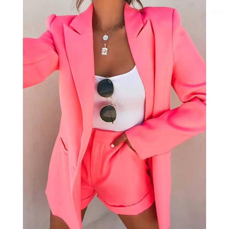 

Women' Tracksuits Fashion Solid Colors Casual Office Ladies Long Sleeve Lapel Tailored Coat Suit Jacket High Waist Shorts Two Piece Set#g3, Blue